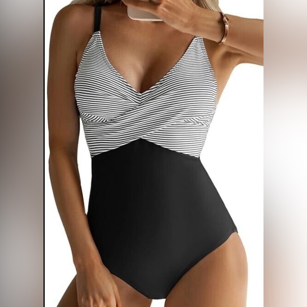 NWT B2PRITY size L one piece swimsuit black and white crossover top